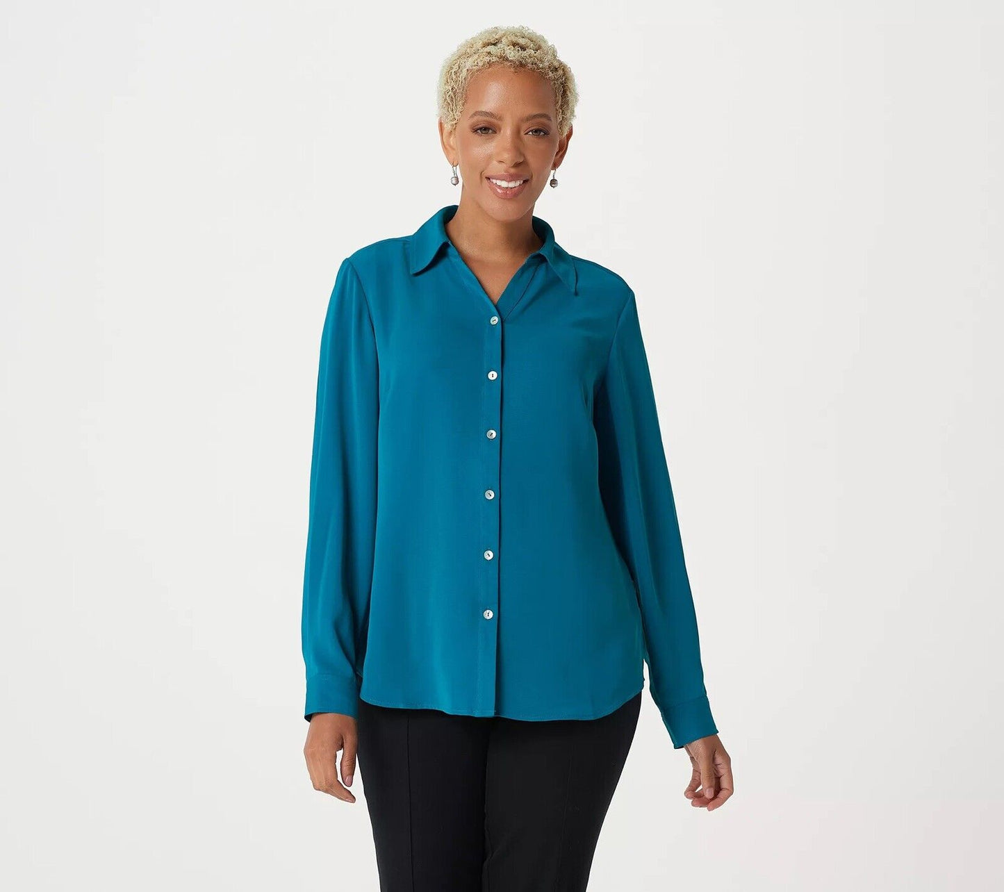 Susan Graver Woven Y-Neck Button- Front Shirt Blue-M  A382926