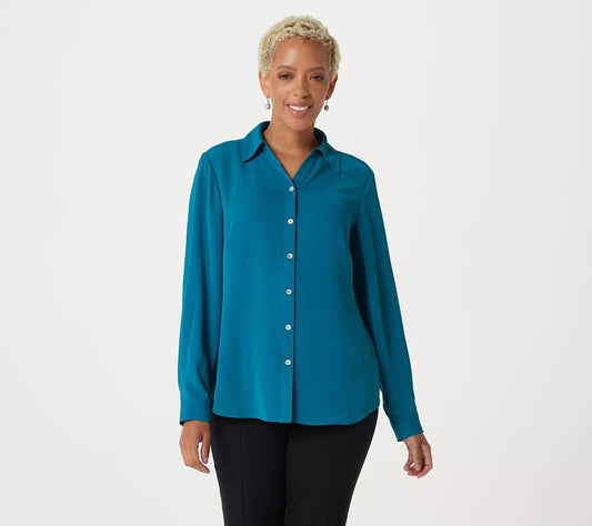 Susan Graver Woven Y-Neck Button- Front Shirt Blue-M  A382926