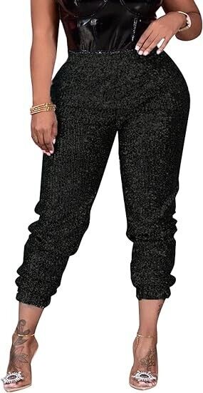 Urbcent Ladies Metallic Legging Sequin Shiny  Sexy Bodycon Clubwear(Black-M)