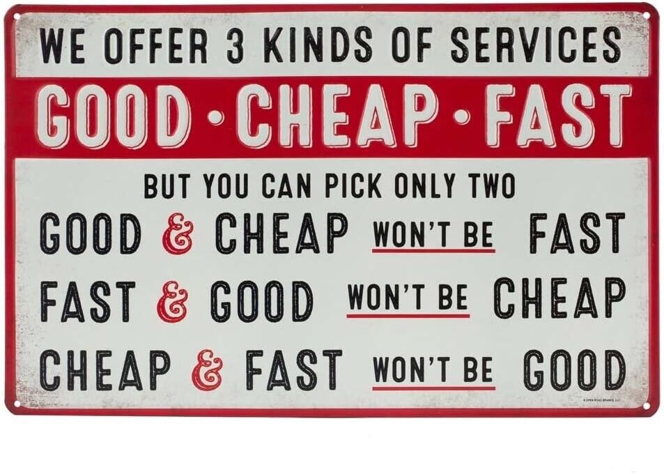 Open Road Brands Good Cheap Fast Services Embossed Metal Sign