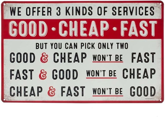 Open Road Brands Good Cheap Fast Services Embossed Metal Sign