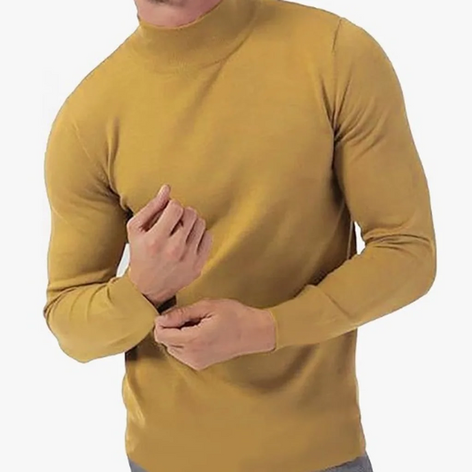 KINGBEGA Mens Stretch Solid Pullover Sweaters Casual Slim High Neck (Yellow - S)