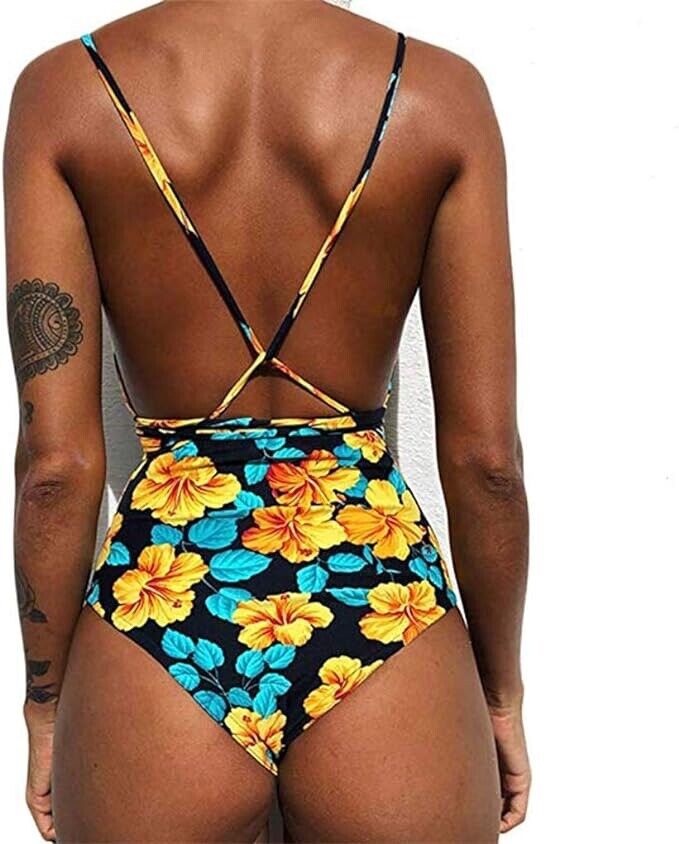 Lohastour Women V Neck One Piece Swimsuit Floral Print Backless (Yellow,S)