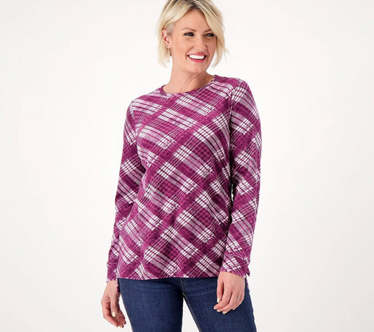 Denim & Co. Women's Top Sz LP Printed Velour Pullover with Hi-Low Purple Size XXS