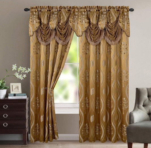 Aurora Tree Leaf Jacquard Window Panel with Attached Valance, Mocha, 54x84 Inche