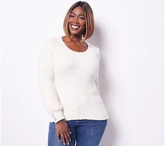 Laurie Felt Cloud Button Sleeve Sweater Ivory XXS New