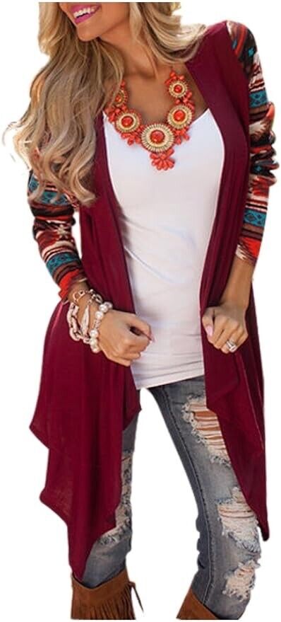 AuntTaylor Womens High Low Long Sleeve Boho Open Blouses Cardigans ( Red - XL )