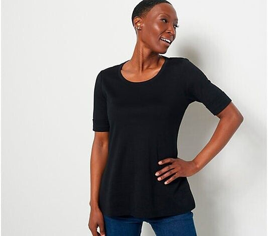 Isaac Mizrahi Live! Essentials Cotton Scoop Neck Top (Pitch Black, S) A496214