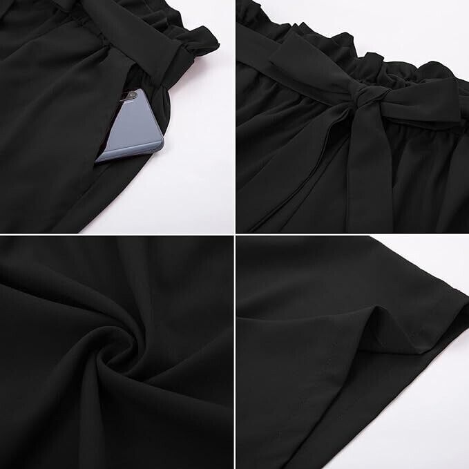 Hanna Nikole Women Summer Shorts Bowknot Tie Waist Casual w pockets (Black- 16W)