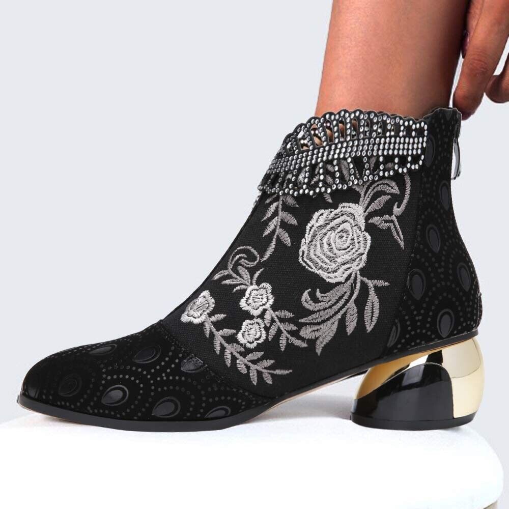 NUHEEL Ankle Booties for Women with Chunky Heel Anti-Slip Side Zipper (Black-41)
