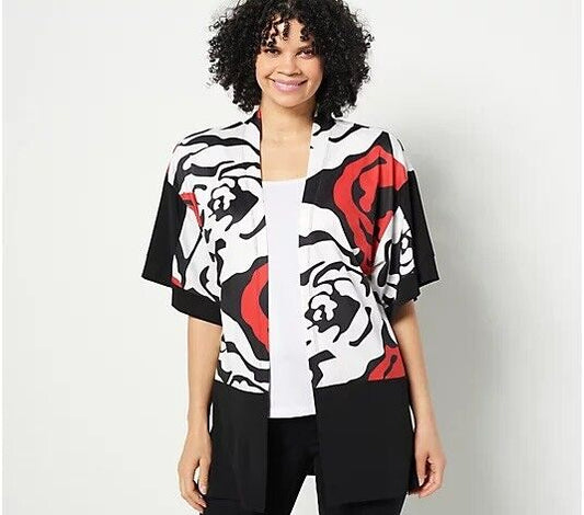 Truth + Style Printed& Solid Jersey Open Front Jacket Red Combo M NEW A491565
