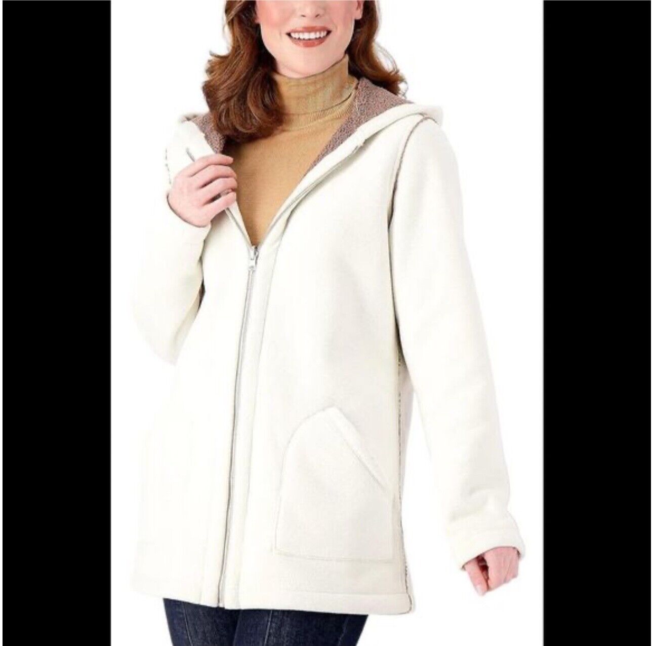 Susan Graver Reversible Polar Fleece & Sherpa Coat Women's Size XL Ivory Clove