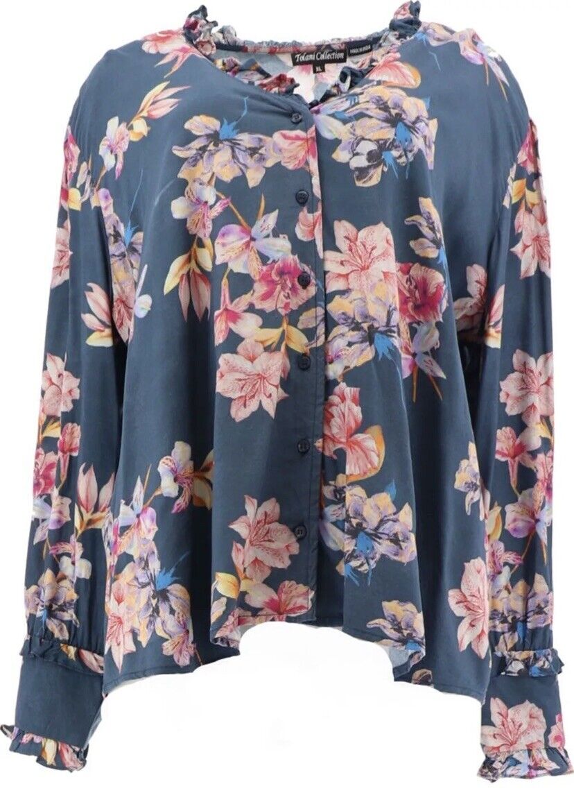 Tolani Collection Button-Front Top Ruffle Navy Floral XXS NEW A389947