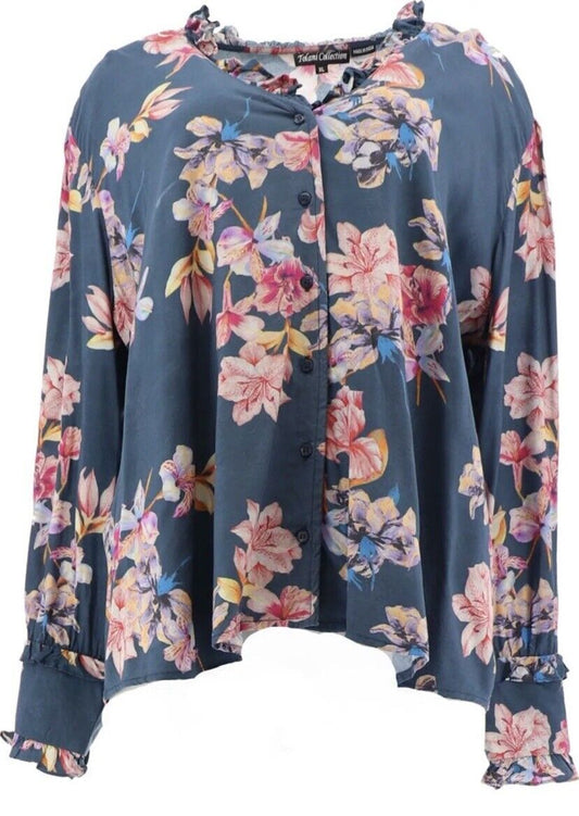 Tolani Collection Button-Front Top Ruffle Navy Floral XXS NEW A389947