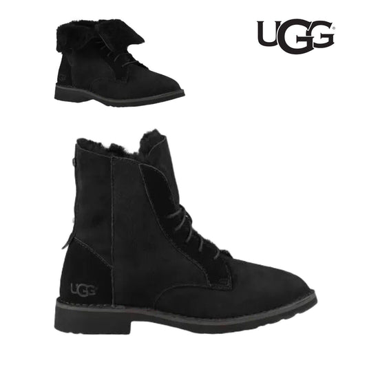 Women's UGG Quincy Suede Sheepskin Lace-Up Winter Boots Black Size 5