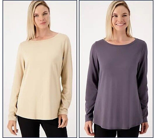 Belle by Kim Gravel TripleLuxe Pima Set of 2 Tops (Khaki/Graphite, S