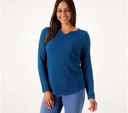 Belle by Kim Gravel Women’s Baby Waffle Raw Edge Seamed Top- Gibraltar Blue