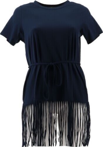 DG2 by Diane Gilman Short Sleeve Fringe Hem Tee Women's Navy Size S