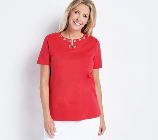 Quacker Factory Grommet Split-Neck Short Sleeve T-Shirt  A506001