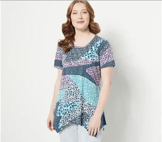LOGO by Lori Goldstein Cotton Modal Short Sleeve Top (Lakeside Blue, S) A499599