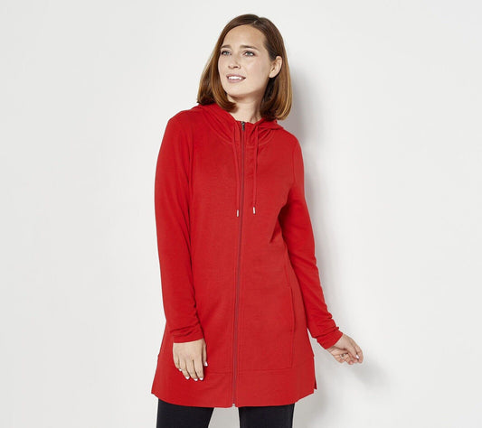 zuda Z-Knit Zip Front Hooded Tunic Cherry Red XXS NEW A459195