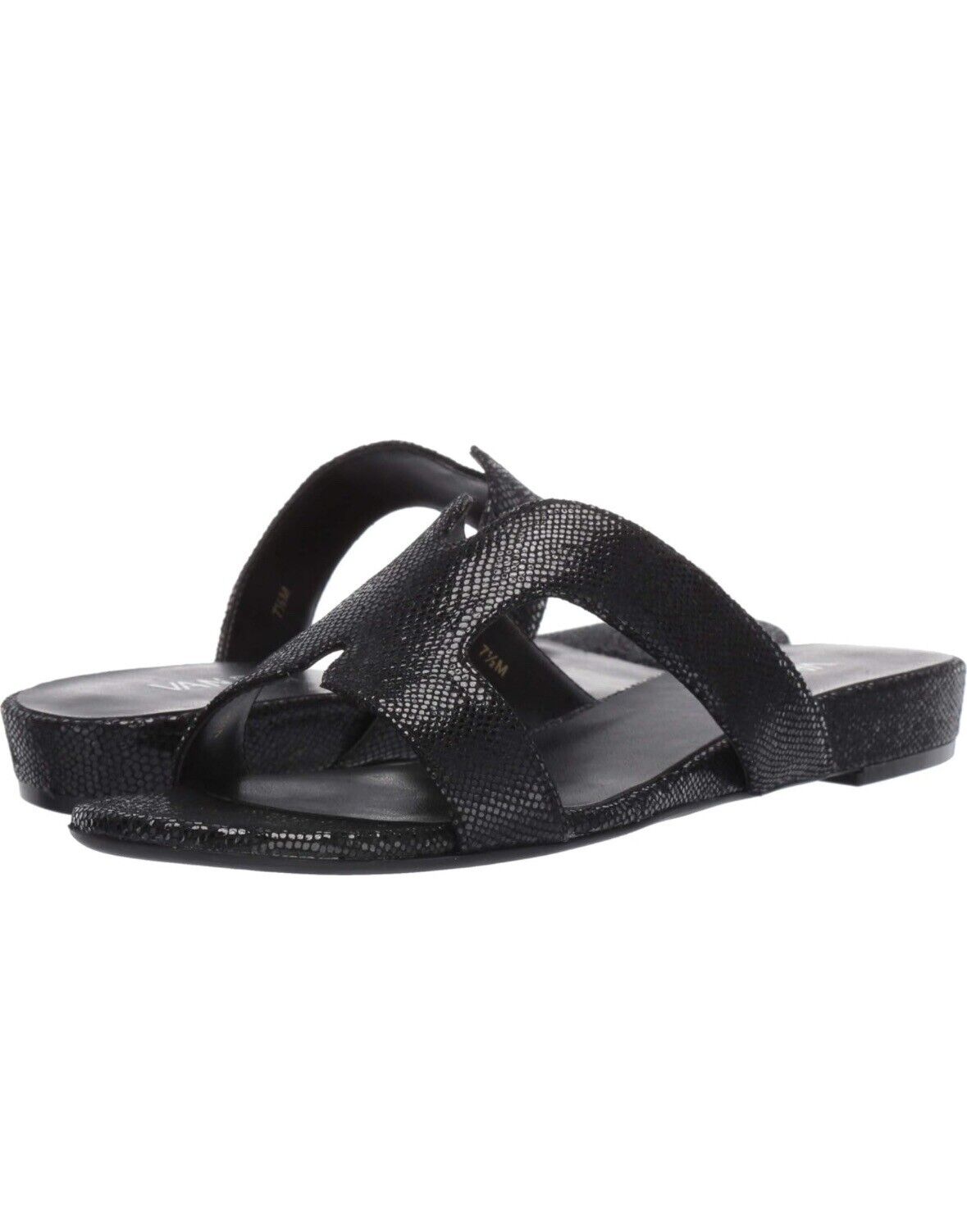 Vaneli | NWOT | Size 7 | Brynn Black Leather Shiny Reptile Print Slide Sandals