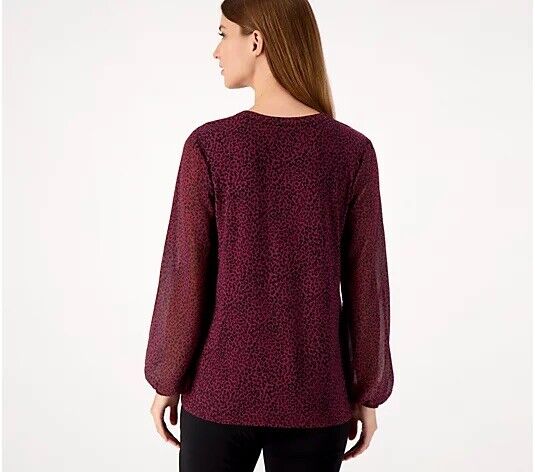 Belle by Kim Gravel Lace Trim Mini Animal Print Blouse (Bordeaux) A520322