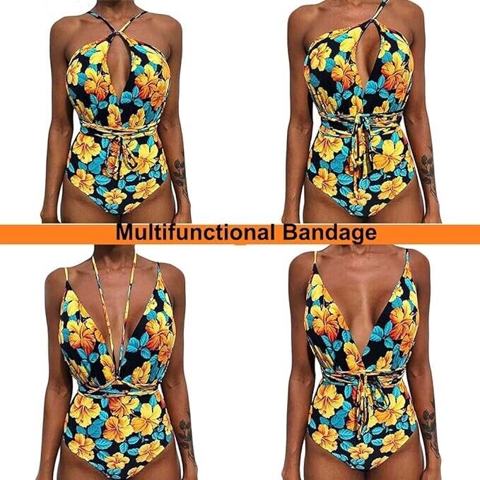 Lohastour Women V Neck One Piece Swimsuit Floral Print Backless (Yellow,S)