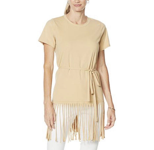 DG2 by Diane Gilman Fringe Hem Drama Tee Beige Size M