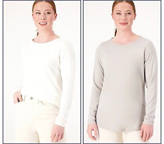 Belle by Kim Gravel TripleLuxe Pima Set of 2 Tops (Cream/Grey, XXS)