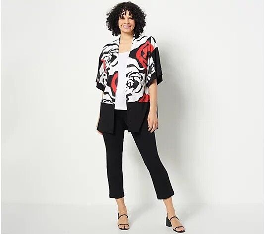 Truth + Style Printed& Solid Jersey Open Front Jacket Red Combo M NEW A491565