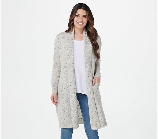 Isaac Mizrahi 2-Ply Cashmere Cardigan Cable Cream Donegal XS NEW A382544