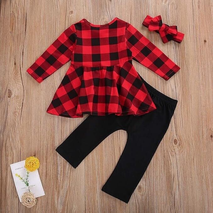 Christmas Outfits Baby Girl Set Red Plaid Long Sleeve Tunic 2 Piece, 18-24 Month