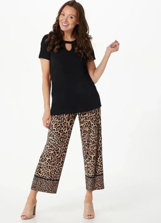 Susan Graver Regular Liquid Knit Top & Printed Crop Pants Set Animal/Black,XXS