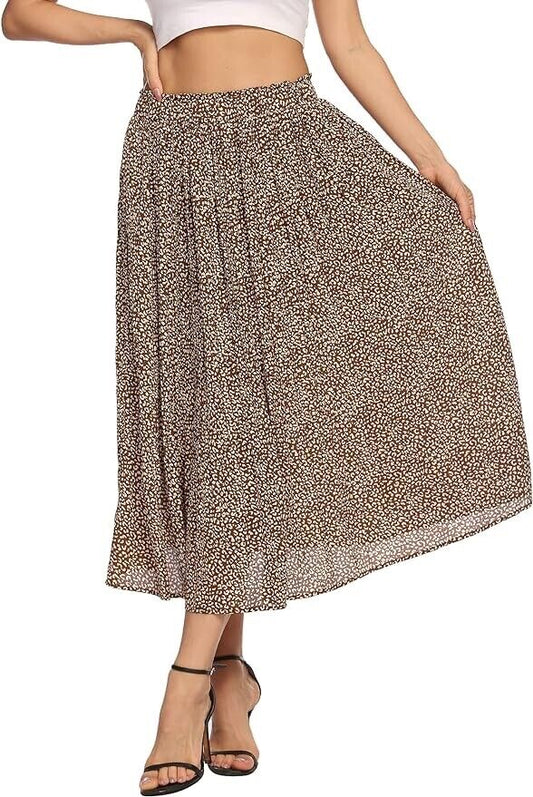 Parabler Women's Casual High Waist A-Line Midi Skirt with Pocket( Brown- XL )