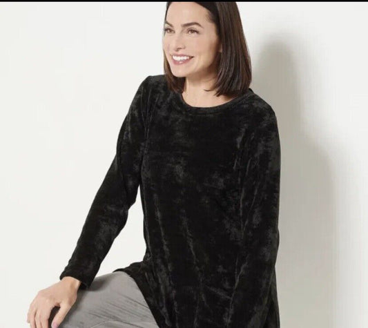 LOGO by Lori Goldstein Chenille Sweater with Sharkbite Hem-Black-XS A463632