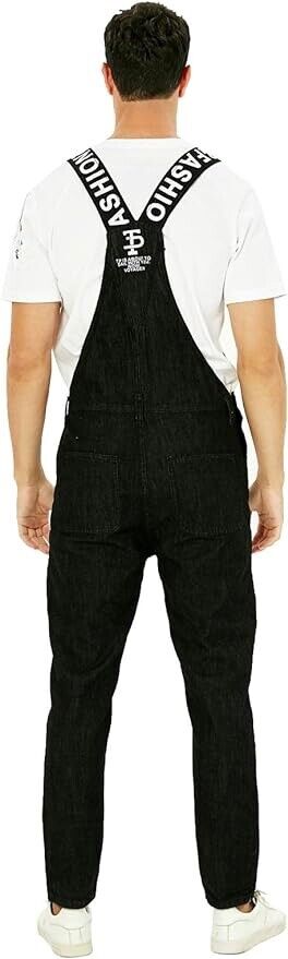 Sokotoo Men's Slogan Letters Printed Black Denim Bib Overalls Size 38