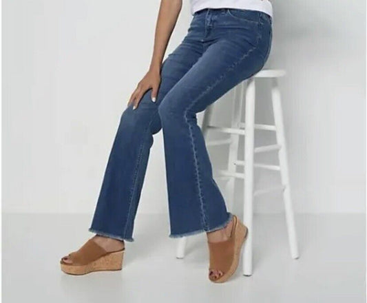 Laurie Felt Rose Petal Tencel Denim Flare Jeans (Color: Medium, Petite 8