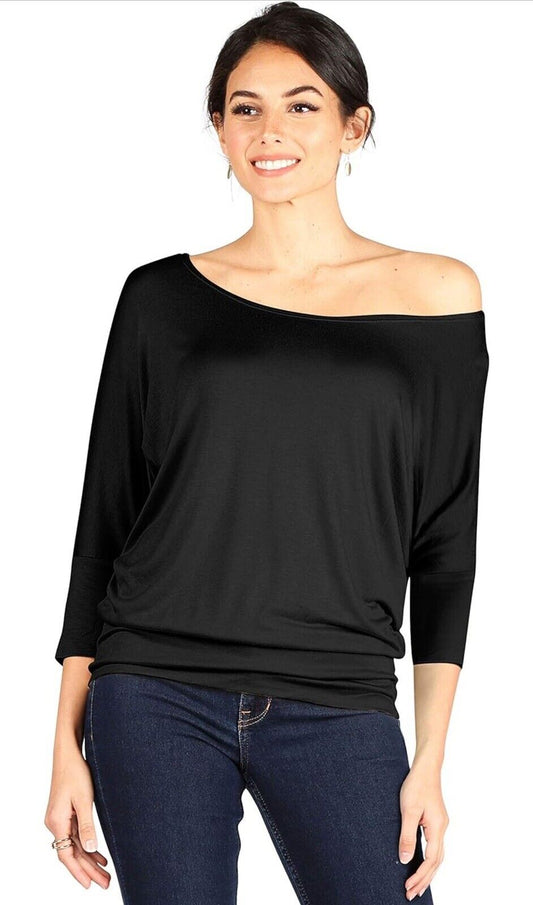 Simlu Dolman 3/4 Sleeve Drape Round Neck Top With Banded Waist Black Medium