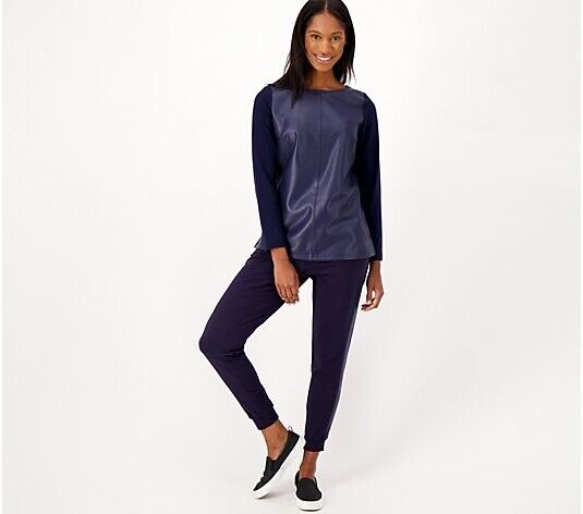 Belle by Kim Gravel Faux Leather Trimmed Jogger Pants (Blue Elixir, XS). A550617