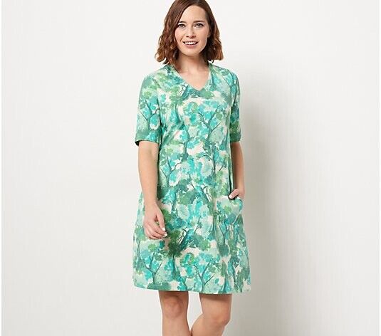 Isaac Mizrahi Live! V-Neck Swing Dress w Elbow Sleeves Green, Tall XS) A484513