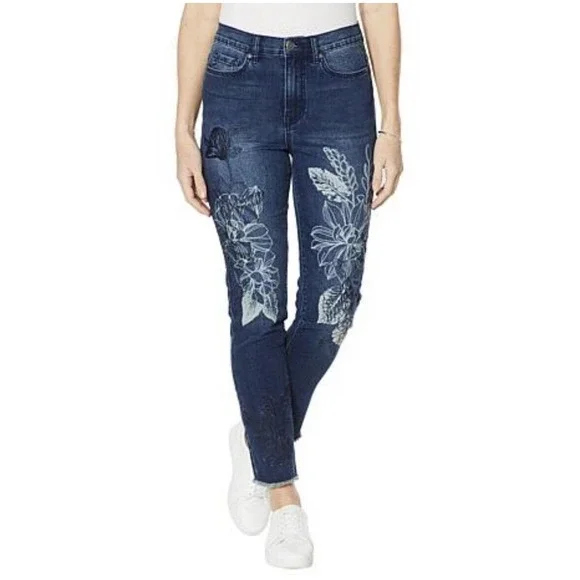 DG2 Diane Gilman Women's Classic Embroidered Floral Jean (Midtone Blue Petite0)
