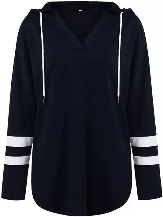 Women's Tunic Sweatshirt Long Sleeve Striped Color Light Weight Hoodie ( Navy-L)
