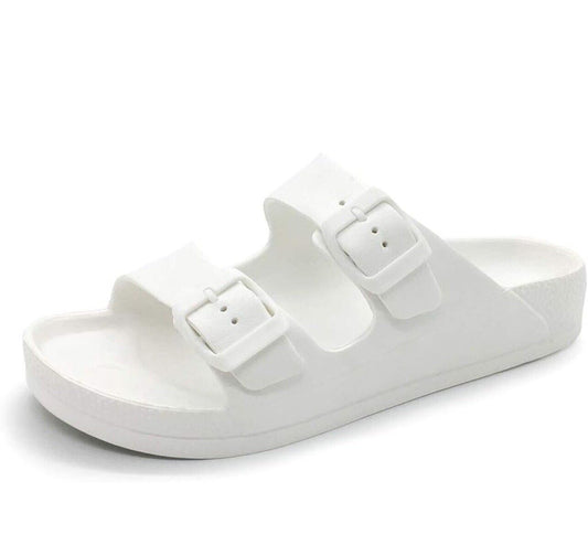 FUNKYMONKEY Women's Comfort Slides Double Buckle, White/Sandals/Women, Size 9