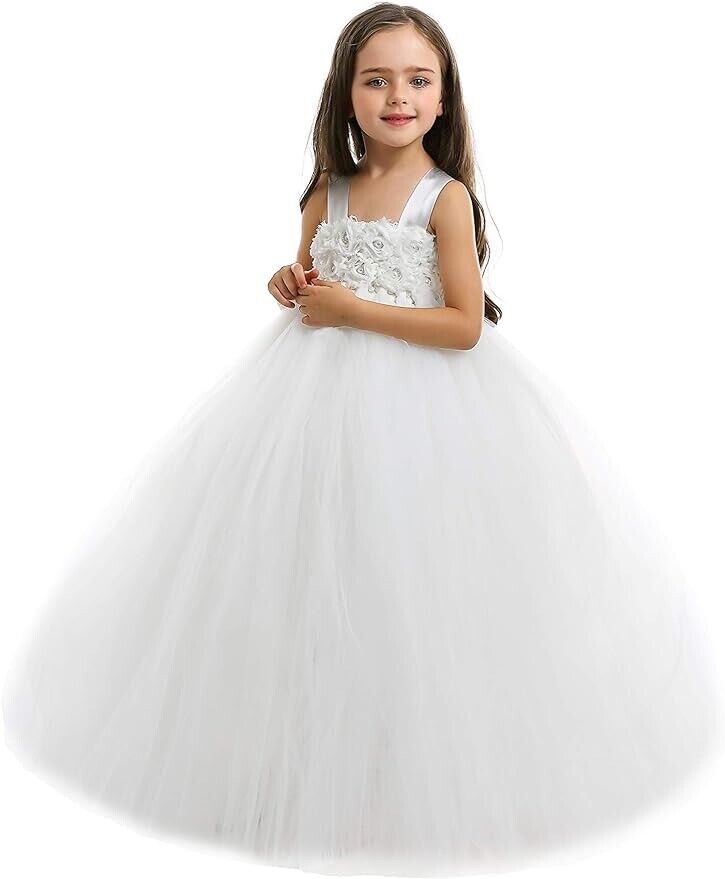 MALIBULICo Fluffy Flower Girl Tutu Dress With Matching Headband,Off-White ,sz:3T