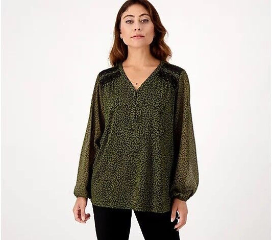 Belle by Kim Gravel Lace Trim Mini Animal Print Blouse (Loden, XXS) A520322