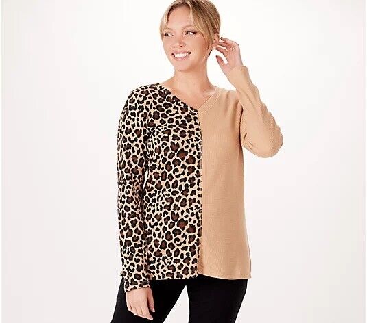 Belle by Kim Gravel Women's Top Size XLarge Baby Waffle Split Print V-Neck Camel