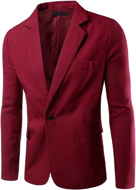 Porlox Men s Casual Peaked Lapel Slim Fit 1 Button Suit Blazer ( Wine , L )