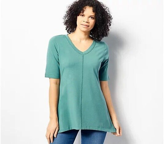 Denim & Co. Perfect Jersey V-neck Trapeze Hem Top (Sea Pine, Size S) A254299