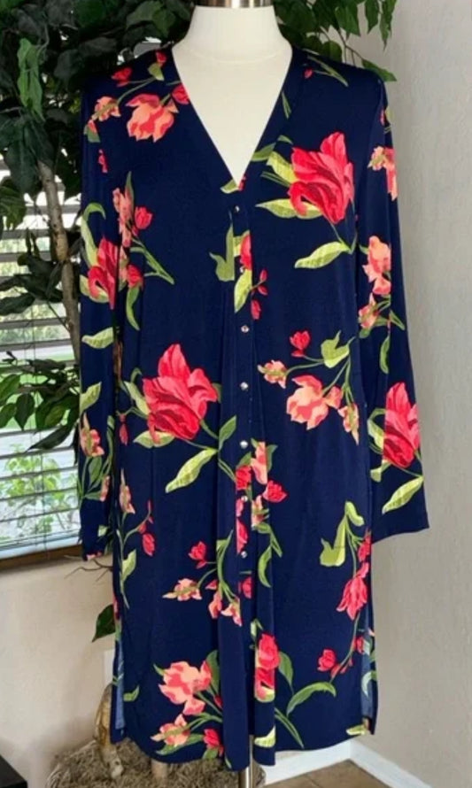 Susan Graver Printed Textured Liquid Knit Long Cardigan Petite S, Navy/Coral